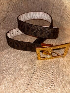 SALE! Michael Kors Reversible Monogram Belt Brown Gold Buckle Logo MK